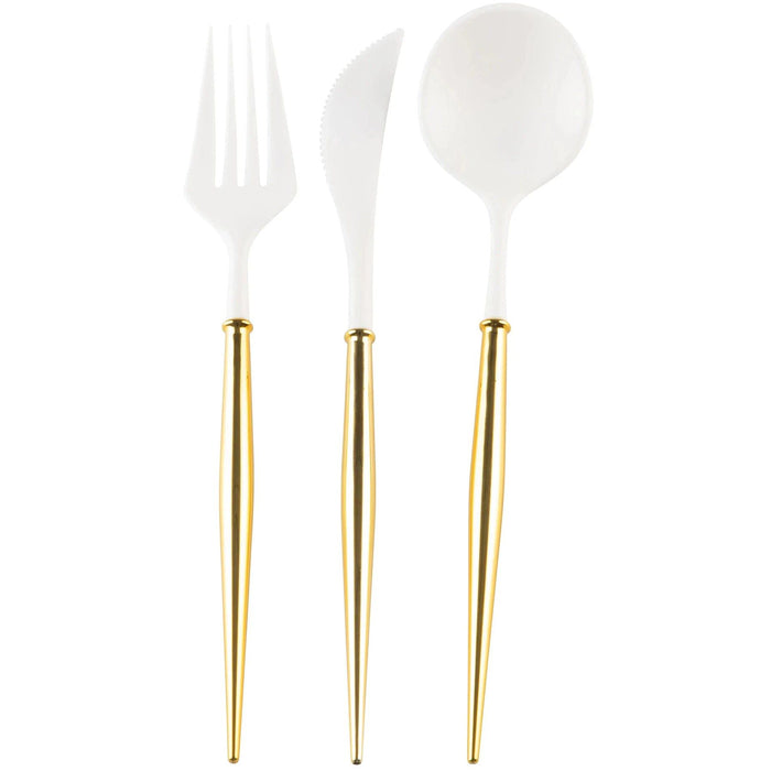 Sophistiplate Bella disposable fork, knife, and spoon set with white plastic tops and sleek metallic gold handles.