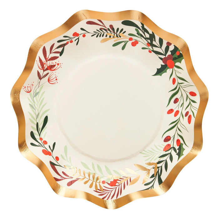 6.5-inch paper appetizer bowl with wavy edges, gold foil trim, and a festive red and green holly berry Christmas design.