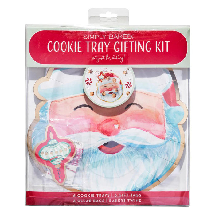 Santa-themed paper cookie tray gifting kit with 6 trays, gift bags, and ornament-shaped tags in festive holiday packaging.