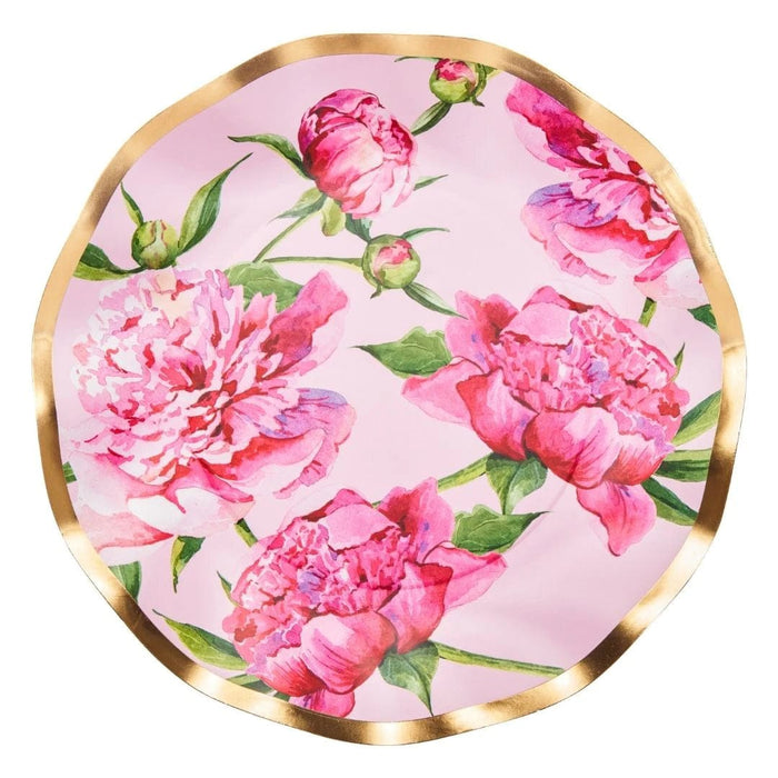 8-inch paper salad plate with pink peony floral print and elegant ruffled gold foil edge.