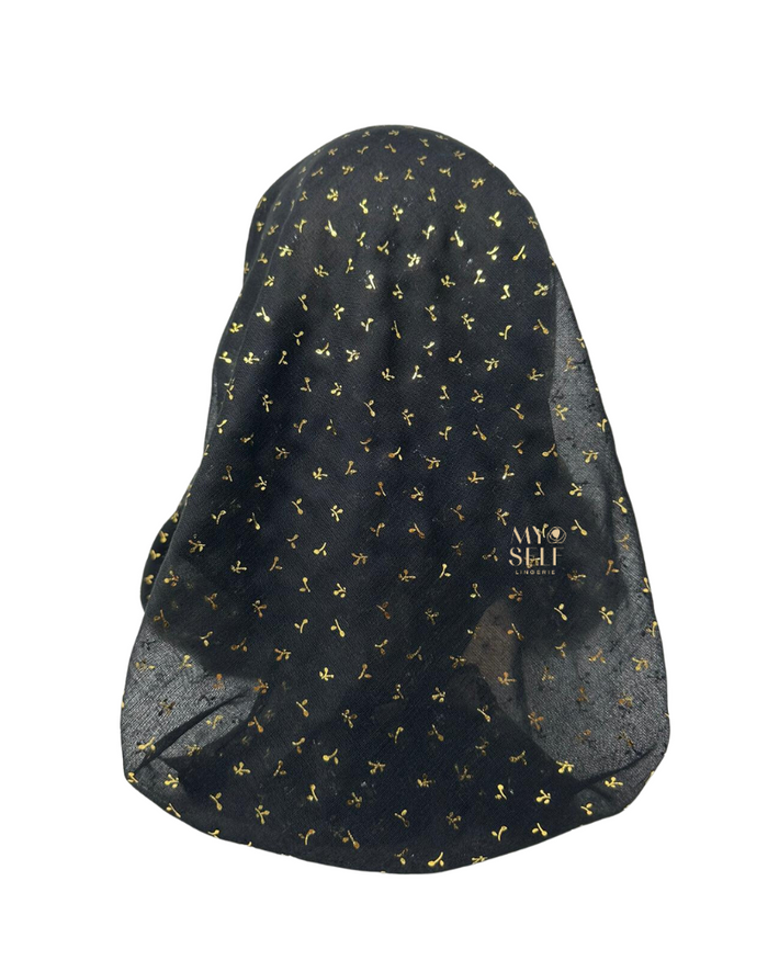 Cherie SP260BKG Black/Gold Metallic Floral Pre-Tied Open Back Bandanna myselflingerie.com