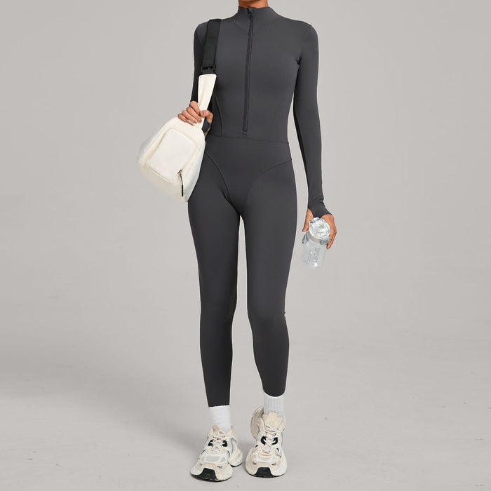 Autumn/Winter Fleece-Lined Outdoor Warm Yoga Fitness Bodysuit in gray