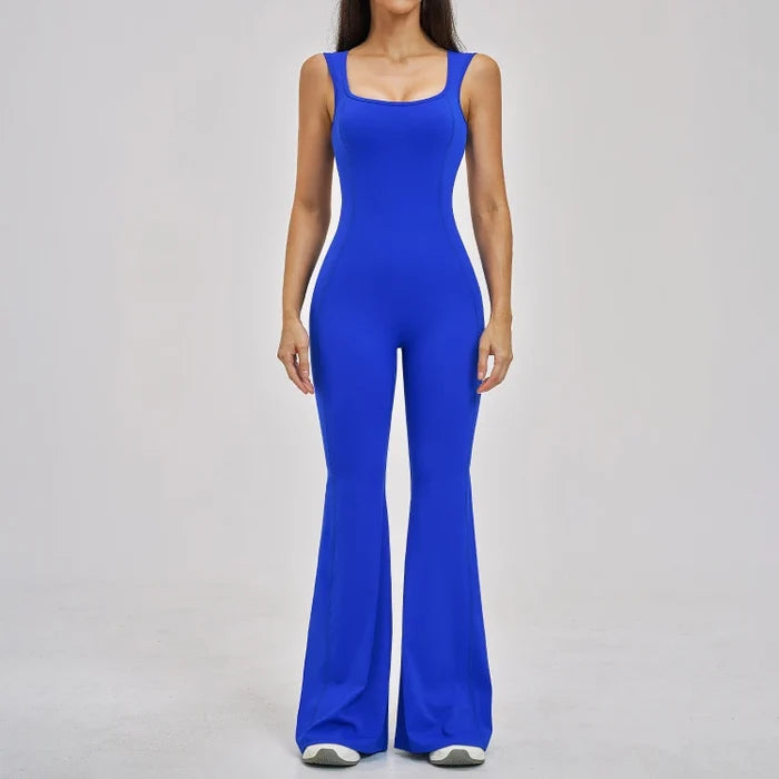 Woman doing yoga in backless bodysuit with flare pants-1