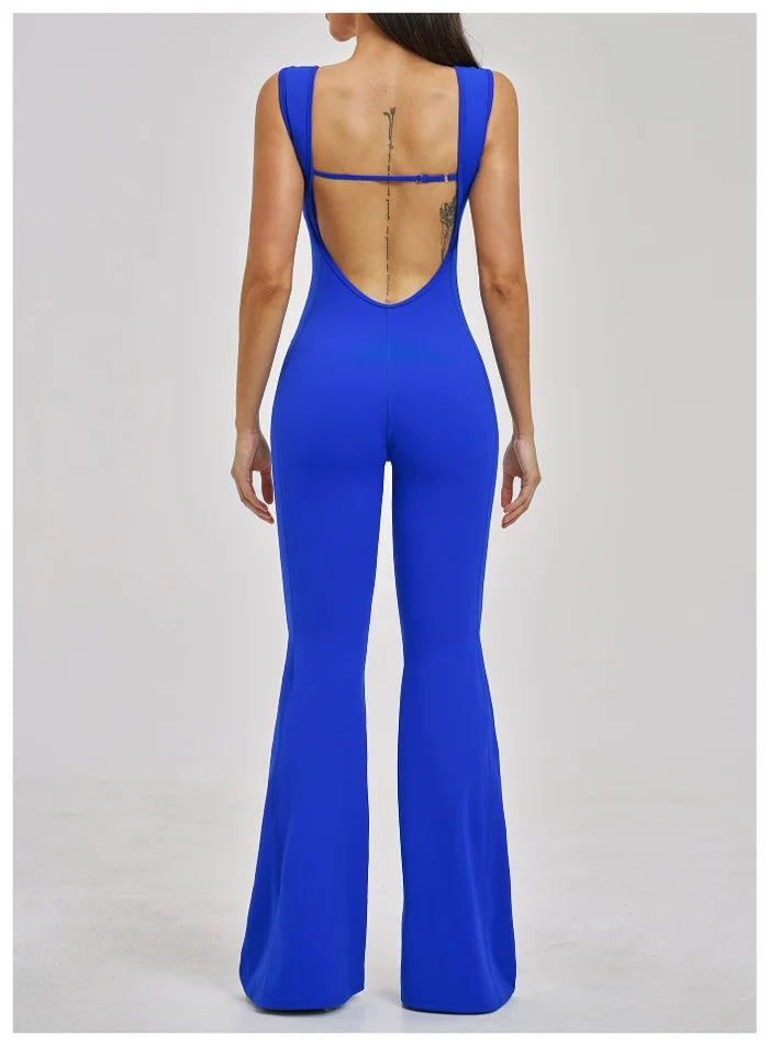Woman doing yoga in backless bodysuit with flare pants-2