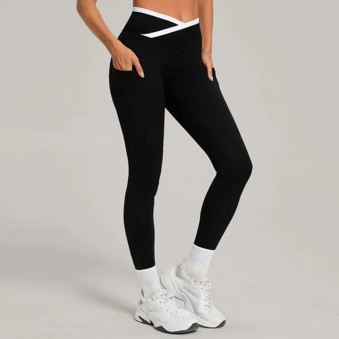 SPARK Color Block Cross Waist Yoga Leggings with Pockets TF28402