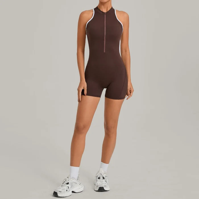 SPARK Color-Block Half Zipper Backless Yoga Short Jumpsuit TF2601