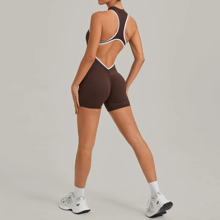 SPARK Color-Block Half Zipper Backless Yoga Short Jumpsuit TF2601