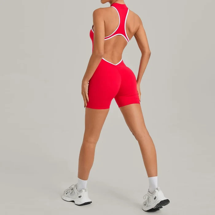 SPARK Color-Block Half Zipper Backless Yoga Short Jumpsuit TF2601
