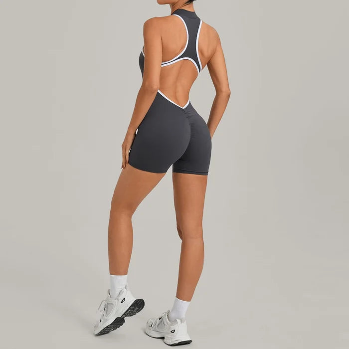 SPARK Color-Block Half Zipper Backless Yoga Short Jumpsuit TF2601