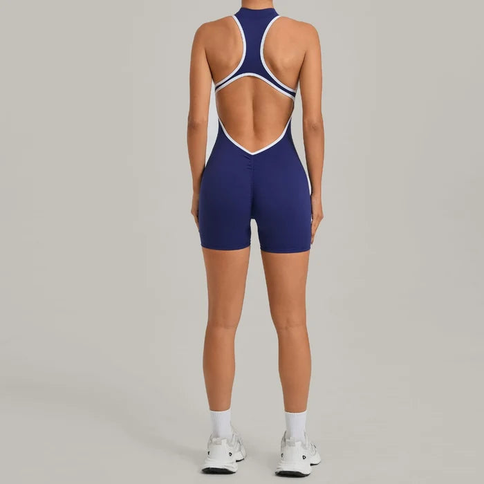 SPARK Color-Block Half Zipper Backless Yoga Short Jumpsuit TF2601