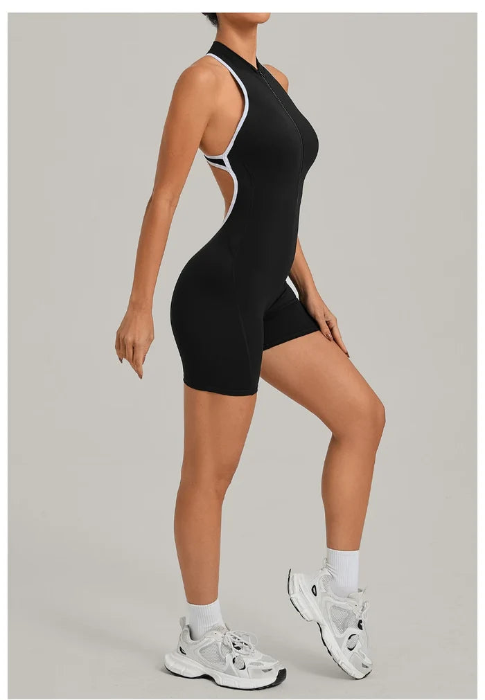 SPARK Color-Block Half Zipper Backless Yoga Short Jumpsuit TF2601