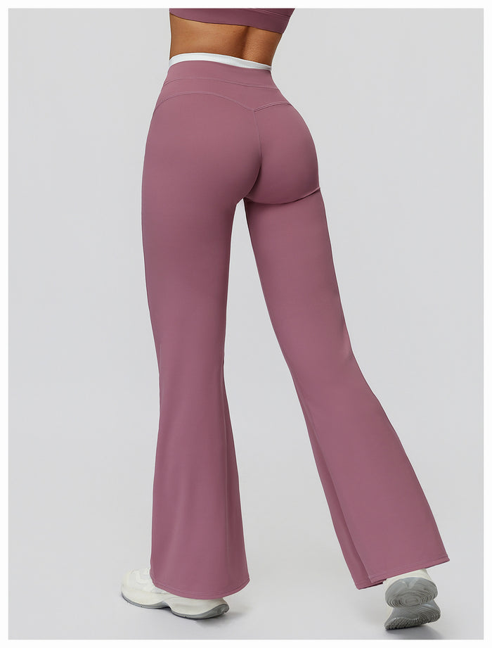 Contrast Color Fake Two-Piece Flared Yoga Pants for Women in purple back