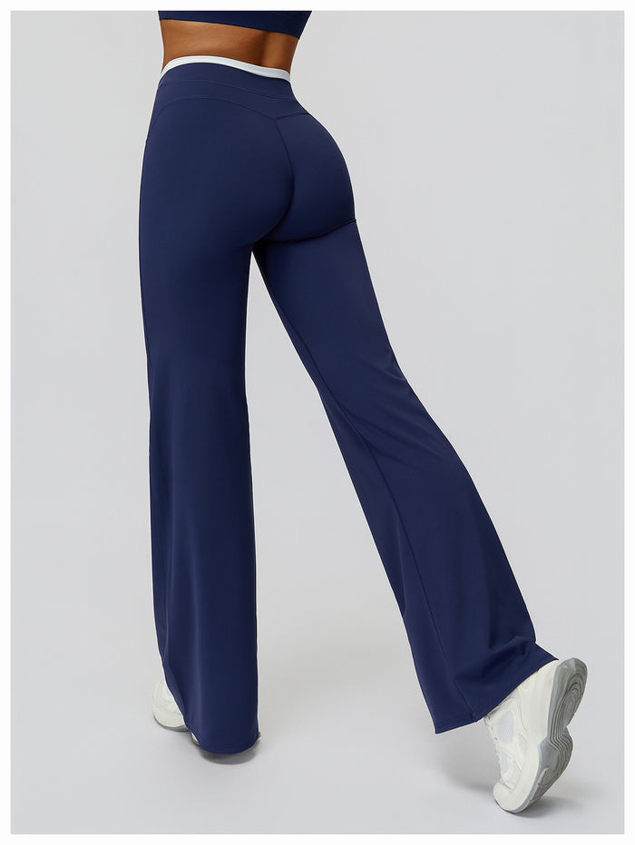 Contrast Color Fake Two-Piece Flared Yoga Pants for Women in navy back