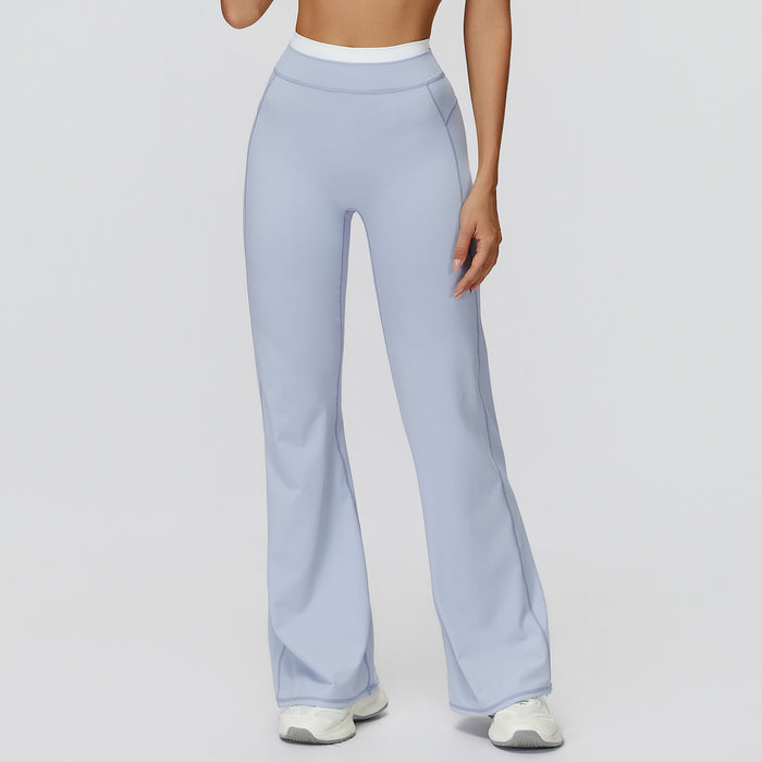 Contrast Color Fake Two-Piece Flared Yoga Pants for Women in blue