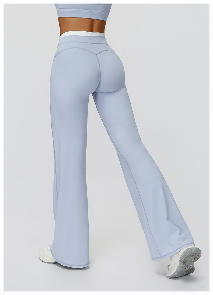 Contrast Color Fake Two-Piece Flared Yoga Pants for Women in blue back