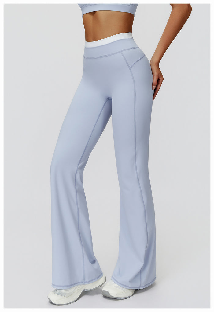 Contrast Color Fake Two-Piece Flared Yoga Pants for Women in blue side
