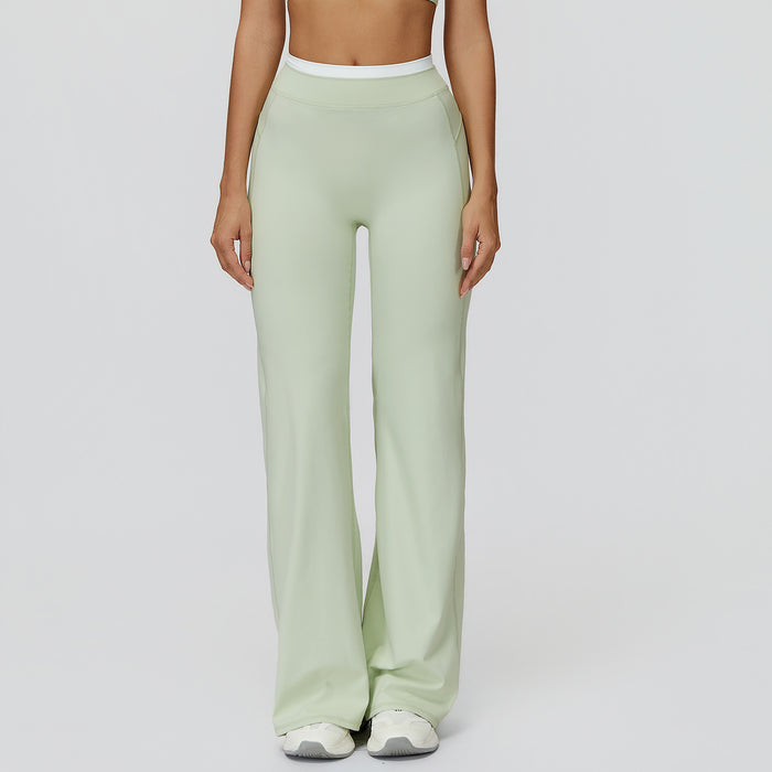 Contrast Color Fake Two-Piece Flared Yoga Pants for Women in green