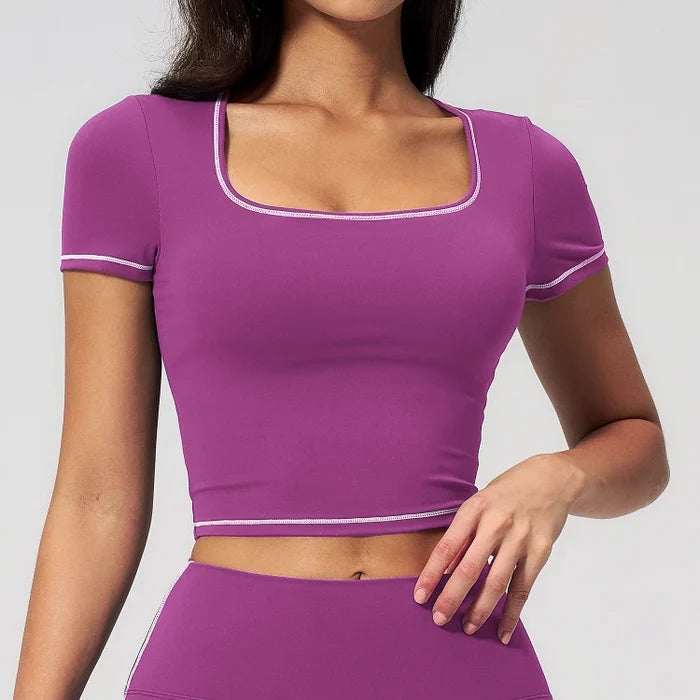 SPARK Contrast Color Square Neck Slim Yoga Workout Short Sleeve ZC2036