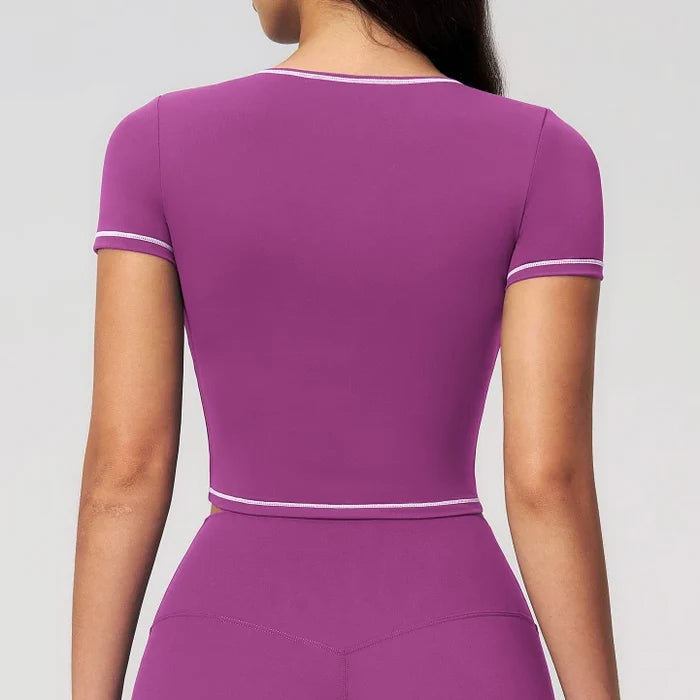 SPARK Contrast Color Square Neck Slim Yoga Workout Short Sleeve ZC2036