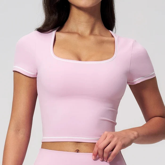 SPARK Contrast Color Square Neck Slim Yoga Workout Short Sleeve ZC2036