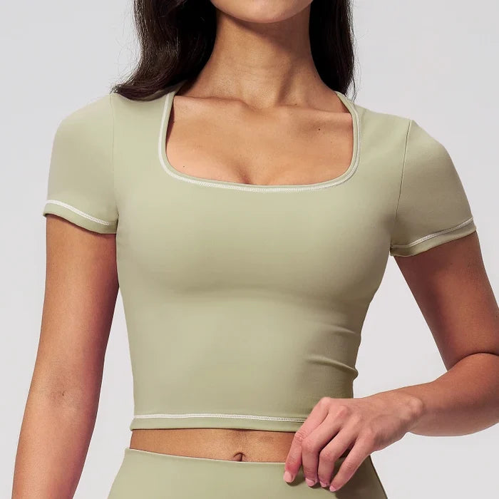 SPARK Contrast Color Square Neck Slim Yoga Workout Short Sleeve ZC2036