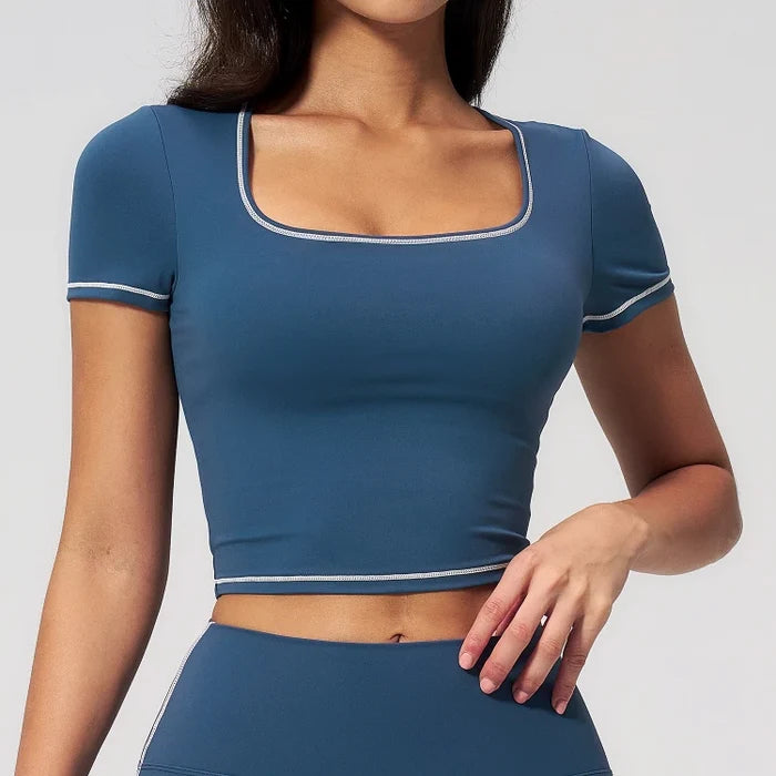 SPARK Contrast Color Square Neck Slim Yoga Workout Short Sleeve ZC2036