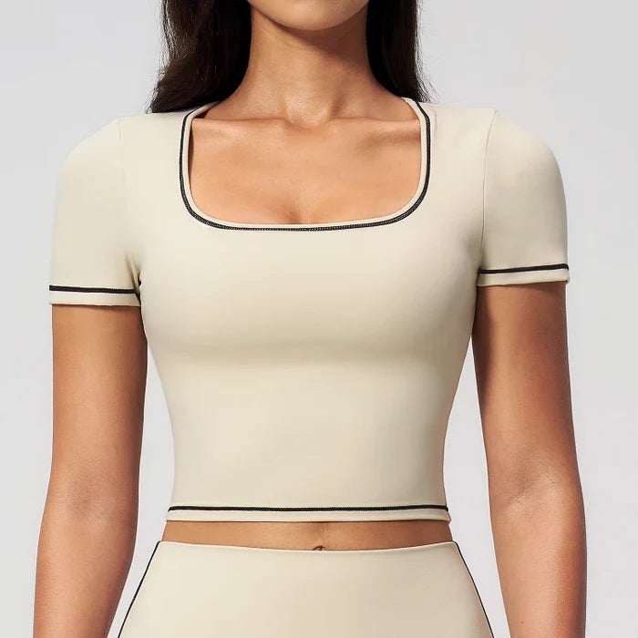 SPARK Contrast Color Square Neck Slim Yoga Workout Short Sleeve ZC2036