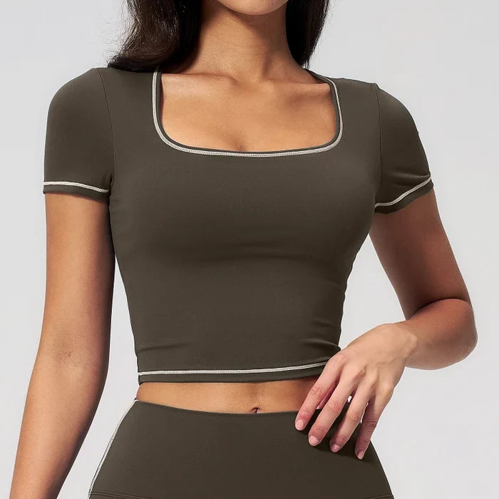 SPARK Contrast Color Square Neck Slim Yoga Workout Short Sleeve ZC2036