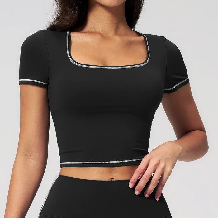 SPARK Contrast Color Square Neck Slim Yoga Workout Short Sleeve ZC2036