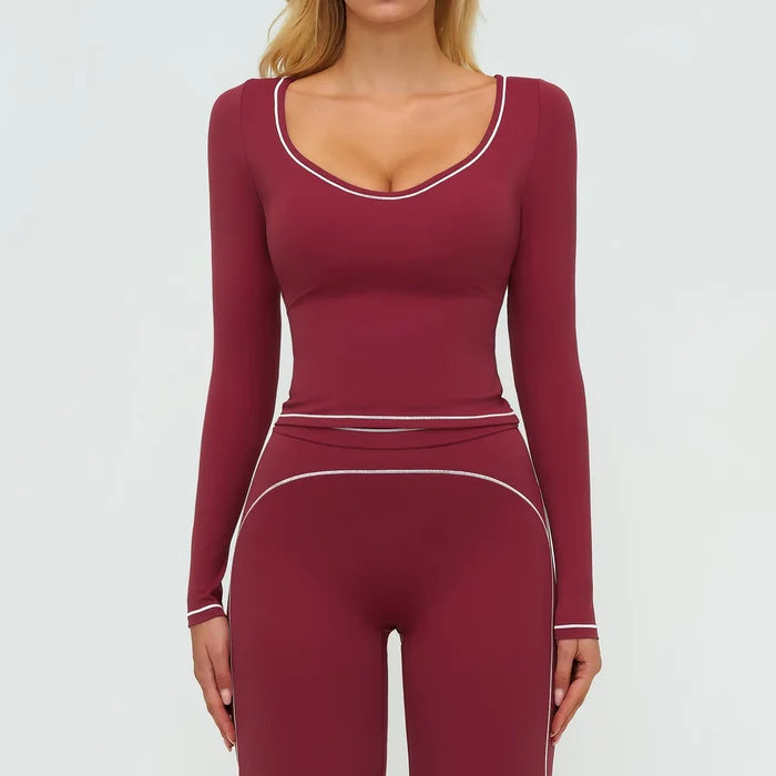 SPARK Contrast Color U Neck Slim Fit Yoga Long Sleeve Top ZC7028