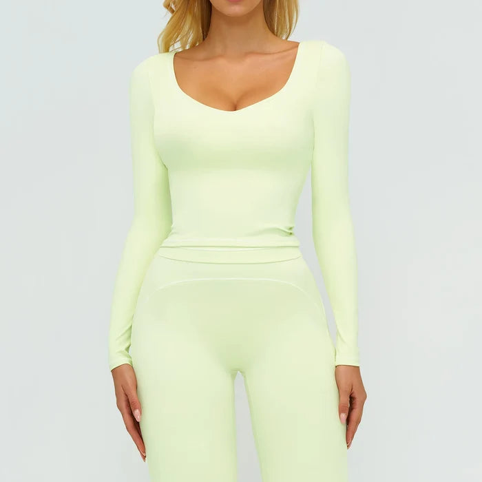 SPARK Contrast Color U Neck Slim Fit Yoga Long Sleeve Top ZC7028