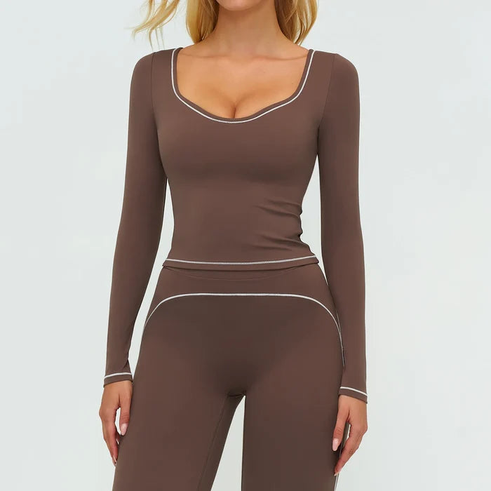 SPARK Contrast Color U Neck Slim Fit Yoga Long Sleeve Top ZC7028