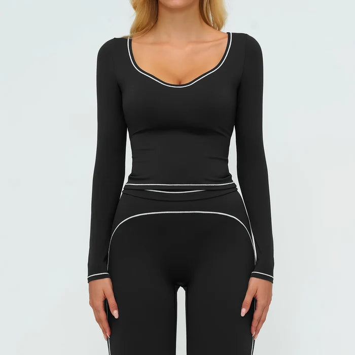 SPARK Contrast Color U Neck Slim Fit Yoga Long Sleeve Top ZC7028