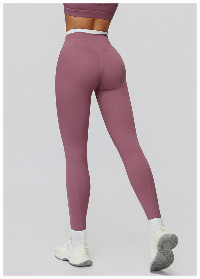 Ribbed Contrast Color Fake Two-Piece Leggings for Women in purple back