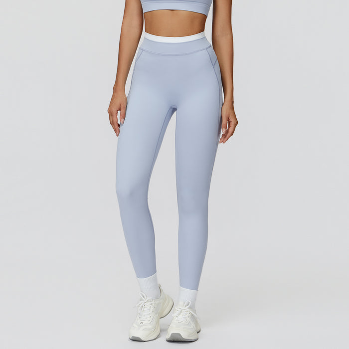 Ribbed Contrast Color Fake Two-Piece Leggings for Women in blue