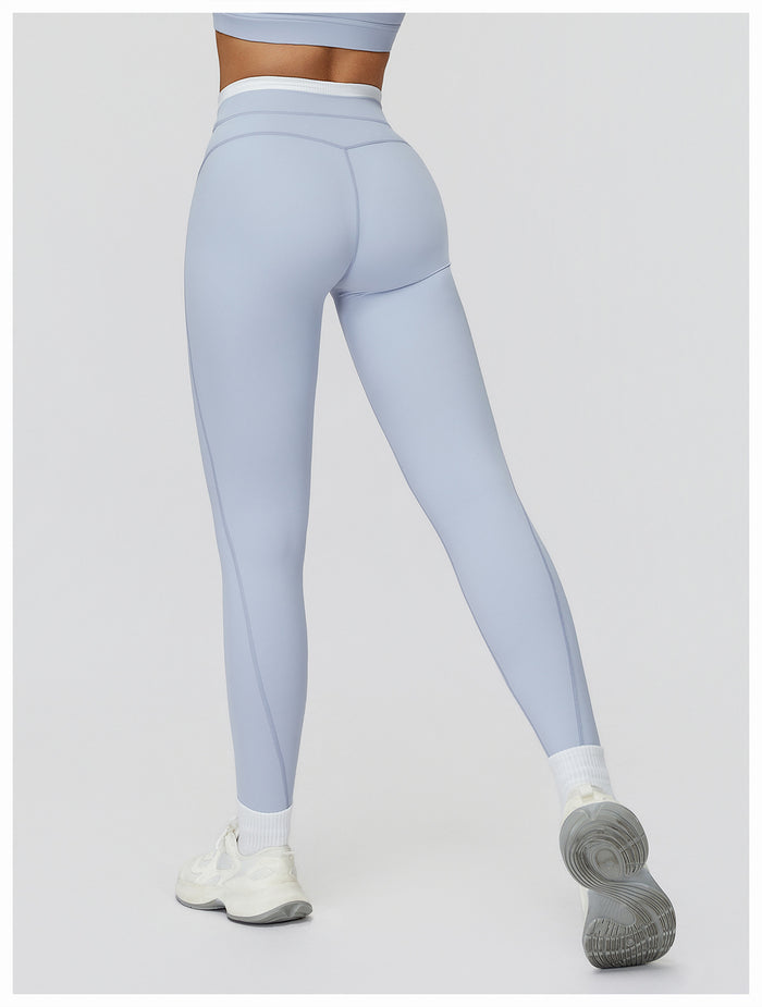Ribbed Contrast Color Fake Two-Piece Leggings for Women in blue back