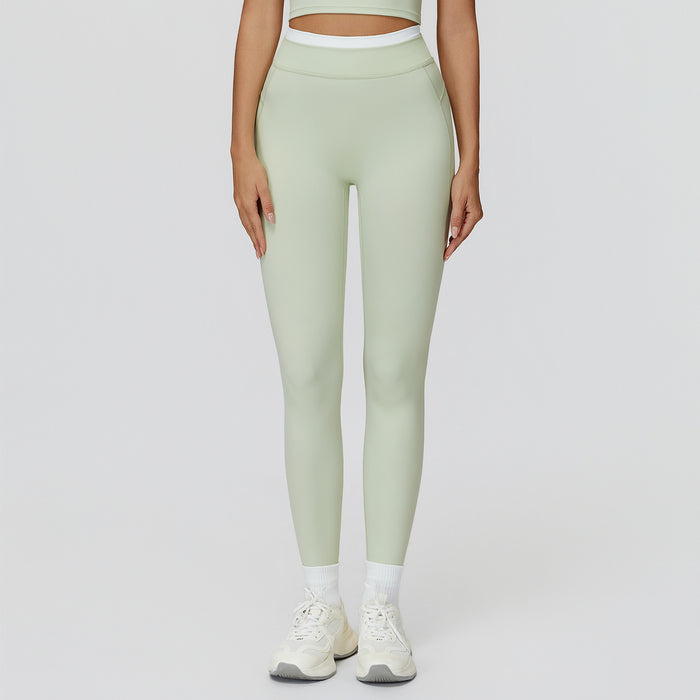 Ribbed Contrast Color Fake Two-Piece Leggings for Women in green