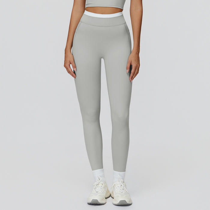 Ribbed Contrast Color Fake Two-Piece Leggings for Women in grey