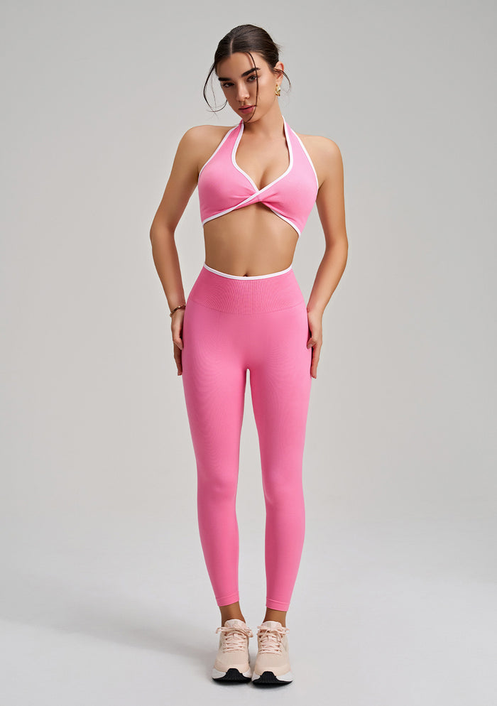 Seamless Twist Knot Halter Neck Bra&Leggings Yoga Two-piece Set in pink