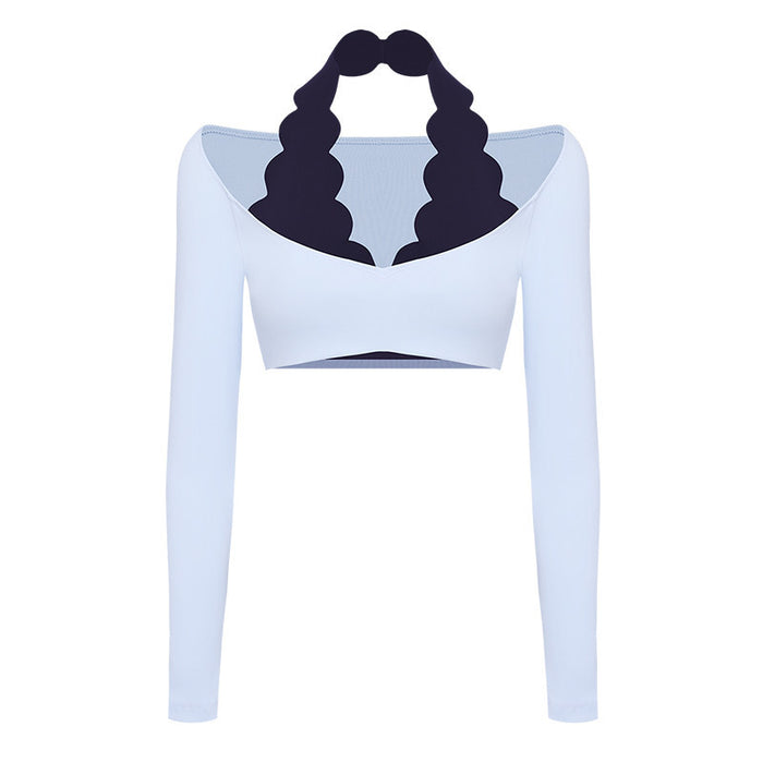 Spark Women's Brushed Lace Halter Neck Fake Two Piece Crop Top FNK8817