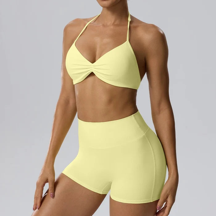 SPARK Women's Sexy Halter-Neck Bra Invisible Butt-Lifting Shorts 2 Piece Set YEL62423