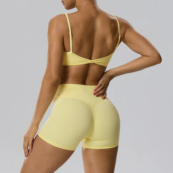 SPARK Women's Spaghetti Strap Bra Invisible Scrunch Shorts 2 Piece Set YEL202