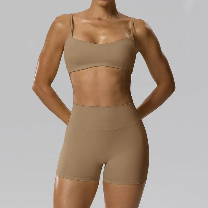 SPARK Women's Spaghetti Strap Bra Invisible Scrunch Shorts 2 Piece Set YEL202