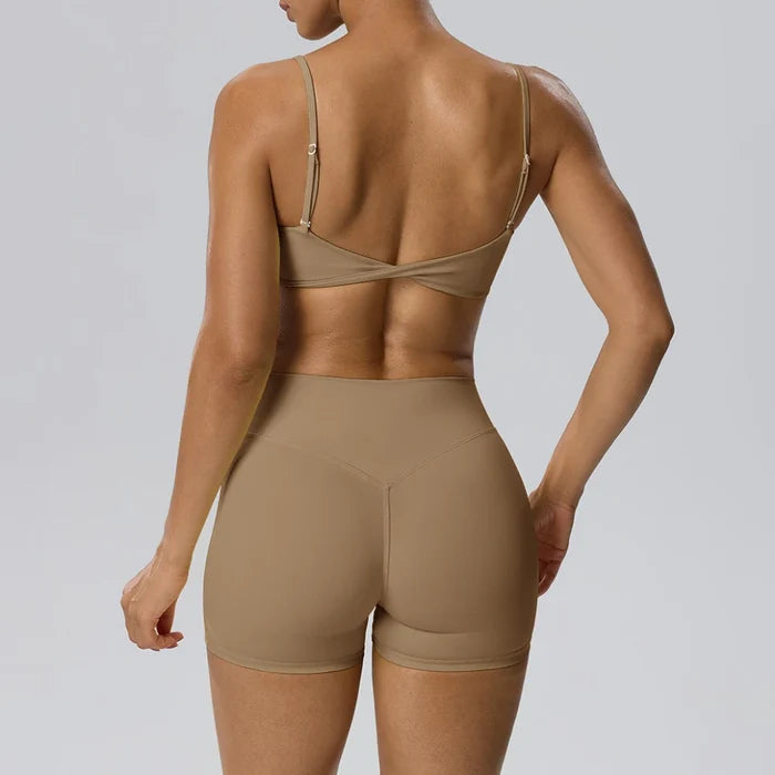 SPARK Women's Spaghetti Strap Bra Invisible Scrunch Shorts 2 Piece Set YEL202