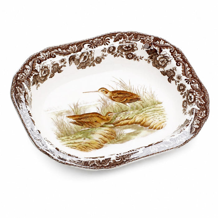 Spode Woodland 11.5-inch porcelain vegetable dish featuring a Snipe bird illustration and brown floral border.