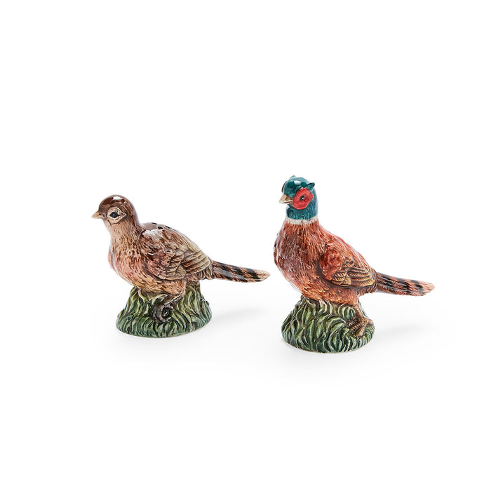 Spode Woodland pheasant salt and pepper shakers in hand-painted dolomite, featuring male and female birds on green bases.