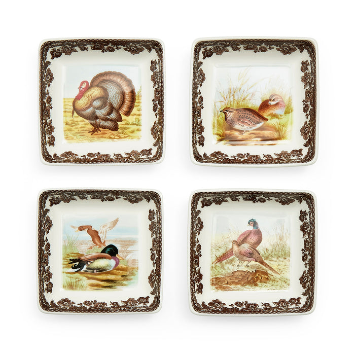 Set of four 3-inch square porcelain dishes featuring woodland animal illustrations and a brown floral border.