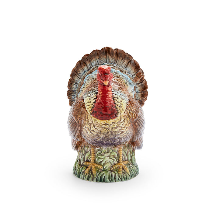 Spode Woodland dolomite turkey gravy boat with textured feathers and matching ladle for Thanksgiving table settings.