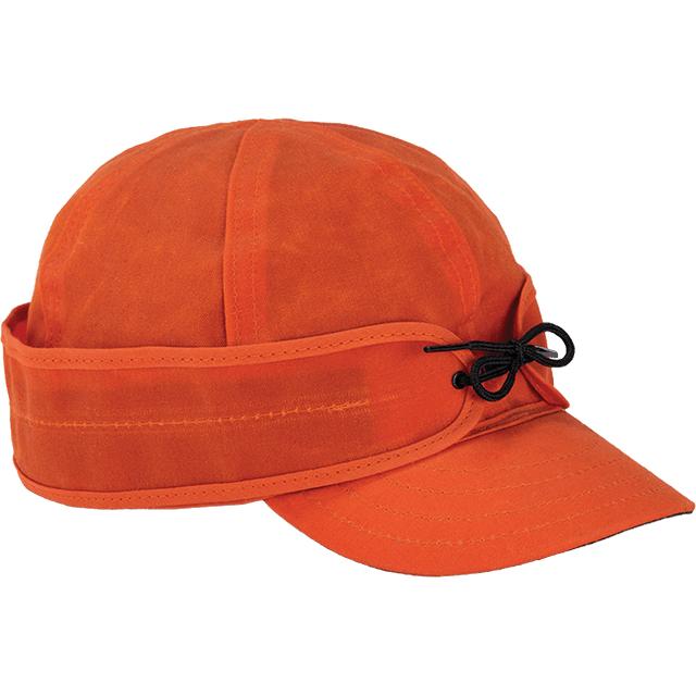 Bright orange waxed cotton Stormy Kromer cap with six-panel crown and adjustable pulldown earband.