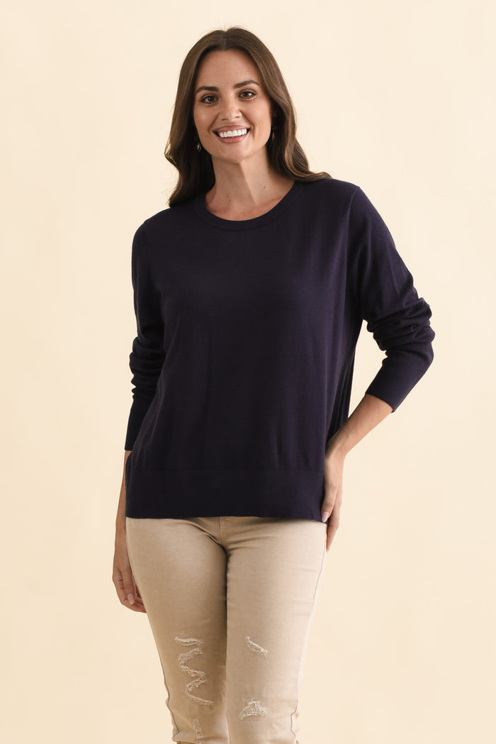 Sunny Navy Long Sleeve Knit Top,Brunette model,alt text|model:MJ